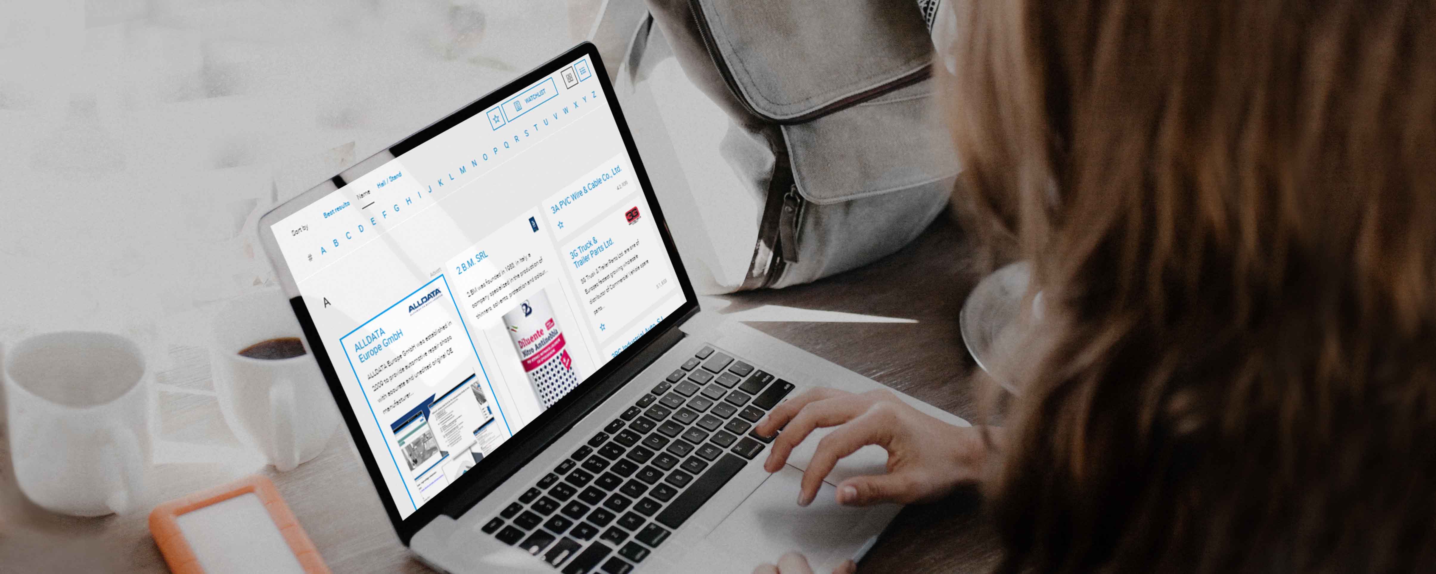 Woman uses the exhibitor and product search of Messe Frankfurt